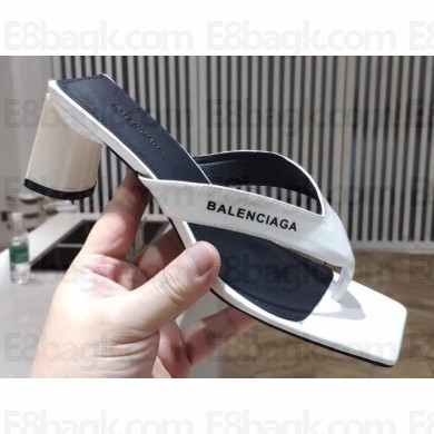 Balenciaga Heel 6cm Double Square Open Back Flip Flop Thong Sandals Crinkled White 2020