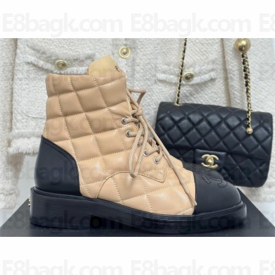 CHANEL leather quilted lace up tie ankle boots apricot 2023