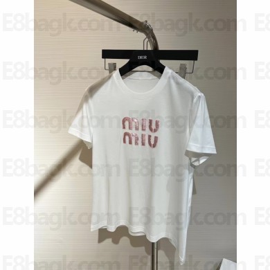 miu miu white cotton T-shirt with pink logo 2023 