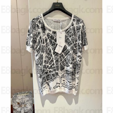 DIOR White and Black Linen, Cashmere and Silk Knit with Plan de Paris Motif t-shirt 2023