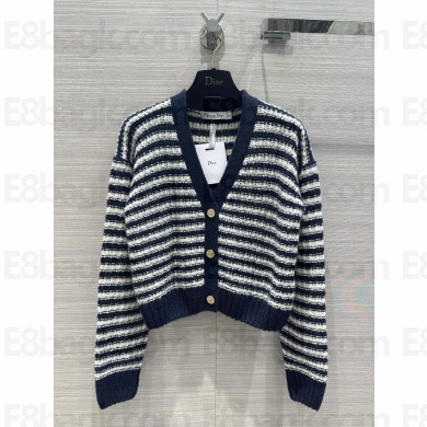Dior Navy Blue and White Alpaca, Silk and Cashmere Knit Marinière Cardigan 2023