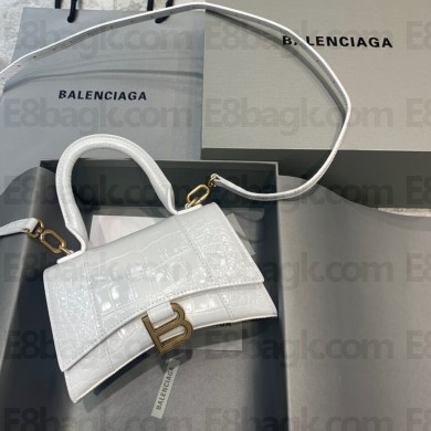 BALENCIAGA Hourglass XS Handbag in white shiny crocodile embossed calfskin 2022