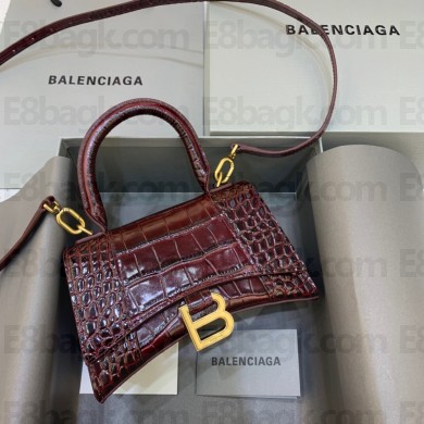 BALENCIAGA Hourglass XS Handbag in burgundy shiny crocodile embossed calfskin 2022