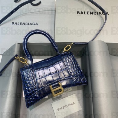 BALENCIAGA Hourglass XS Handbag in navy blue shiny crocodile embossed calfskin 2022