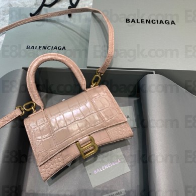 BALENCIAGA Hourglass XS Handbag in nude shiny crocodile embossed calfskin 2022