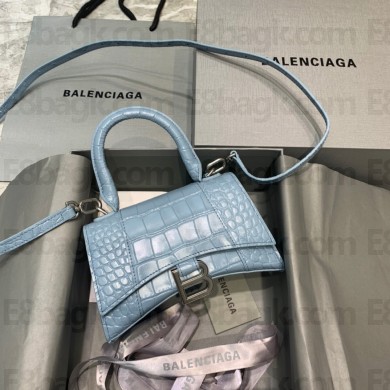 BALENCIAGA Hourglass XS Handbag in Linen Blue shiny crocodile embossed calfskin 2022
