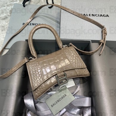 BALENCIAGA Hourglass XS Handbag in elephant gray shiny crocodile embossed calfskin 2022