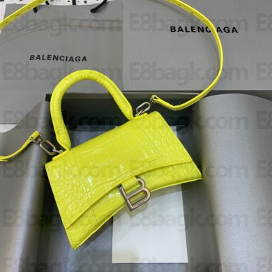 BALENCIAGA Hourglass XS Handbag in lemon yellow shiny crocodile embossed calfskin 2022