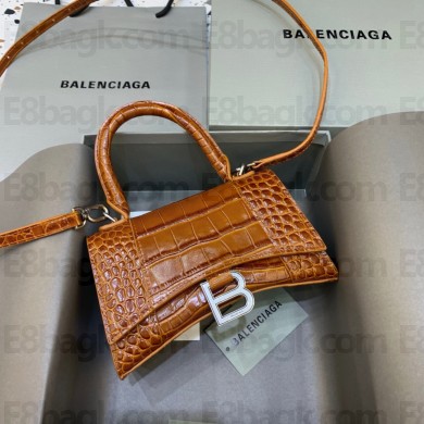 BALENCIAGA Hourglass XS Handbag in caramel shiny crocodile embossed calfskin 2022