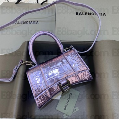 BALENCIAGA Hourglass XS Handbag in light purple shiny crocodile embossed calfskin 2022
