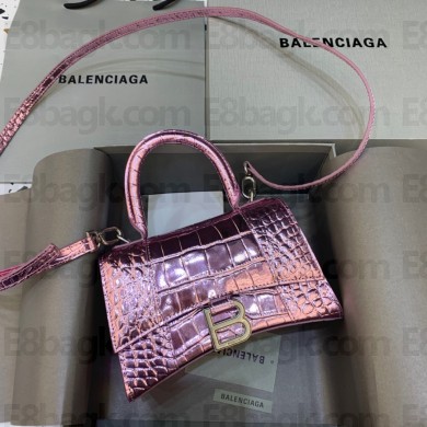 BALENCIAGA Hourglass XS Handbag in purple shiny crocodile embossed calfskin 2022