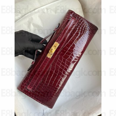 Hermes burgundy Kelly Cut 31cm porosus shiny Leather Clutch Gold/Silver Hardware 