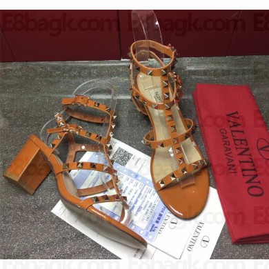 Valentino cage Rockstud patent calfskin Sandals caramel 6.5cm