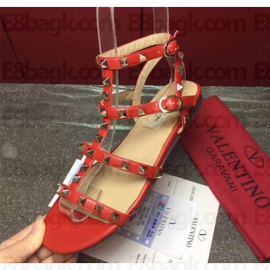 valentino ROCKSTUD FLAT CAGE SANDAL red