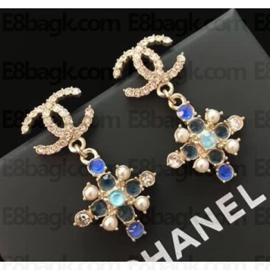Chanel CC Multicolored Cross Earrings Blue/Gold 
