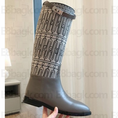 Hermes Jumping boots in calfskin and printed H canvas grey 2024