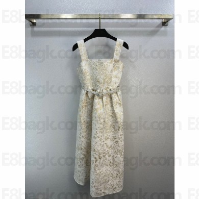 dior White Technical Jacquard with Gold-Tone Allover Butterfly Motif Mid-Length Belted Dress 2023
