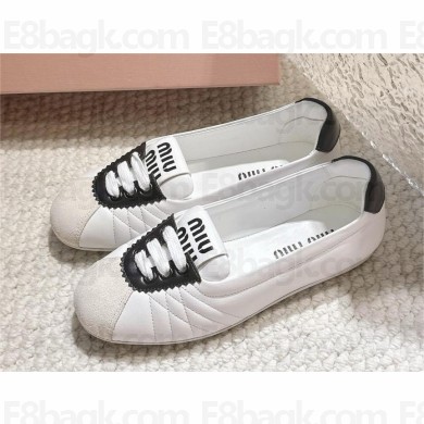 MIU MIU Lace-up Leather Ballet Flat In White/black 2024