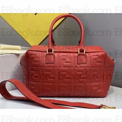 Fendi All-over FF Logo Motif Leather Small Boston Bag Red 2019