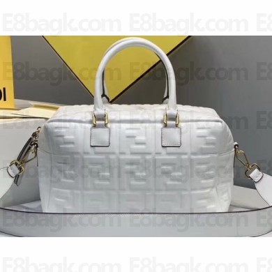 Fendi All-over FF Logo Motif Leather Small Boston Bag White 2019