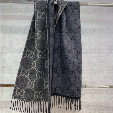 gucci GG jacquard knit scarf with tassels grey and black 2022