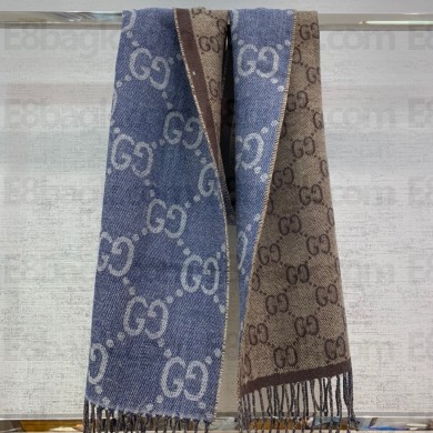 gucci GG jacquard knit scarf with tassels navy brown 2022