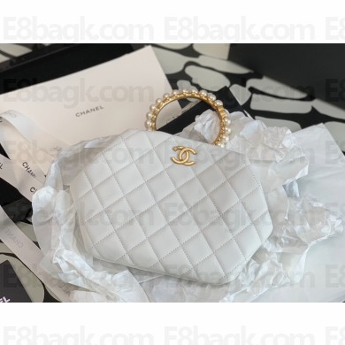 CHANEL WHITE Lambskin, Imitation Pearls & Gold-Tone Metal CLUTCH 2021