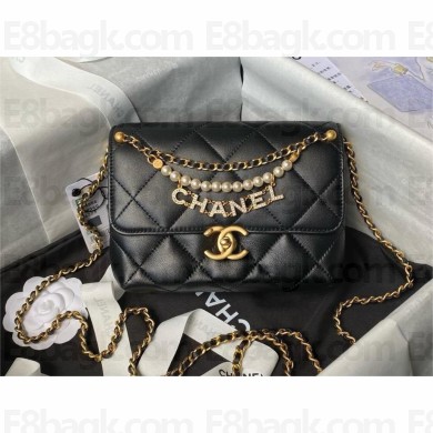 CHANEL Shiny Lambskin, Imitation Pearls & Gold-Tone Metal Mini Flap Bag AS4986 black 2024