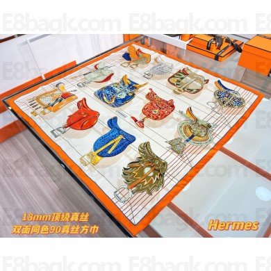 HERMES Tous en Selle scarf 90 orange cuit / crème / bleu 2025