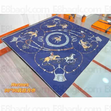 HERMES Pampa silk scarf 90 navy blue 2025
