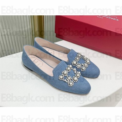 Roger Vivier Flower Strass Embroidered Buckle Loafers in denim blue 2023