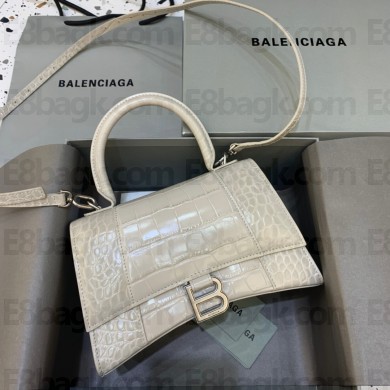 BALENCIAGA Hourglass Small Handbag in creamy shiny crocodile embossed calfskin 2022