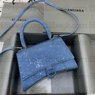 BALENCIAGA Hourglass Small Handbag in blue suede calfskin with rhinestones 2022