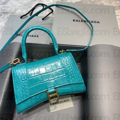 BALENCIAGA Hourglass Small Handbag in blue shiny crocodile embossed calfskin 2022