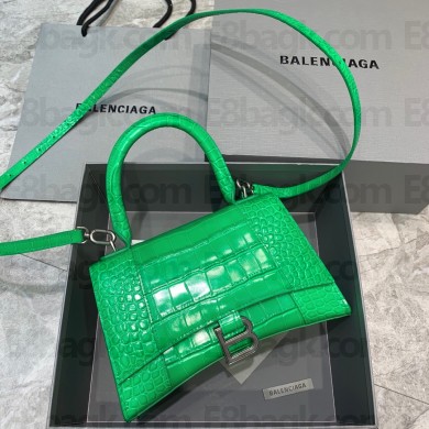 BALENCIAGA Hourglass Small Handbag in bamboo green shiny crocodile embossed calfskin 2022