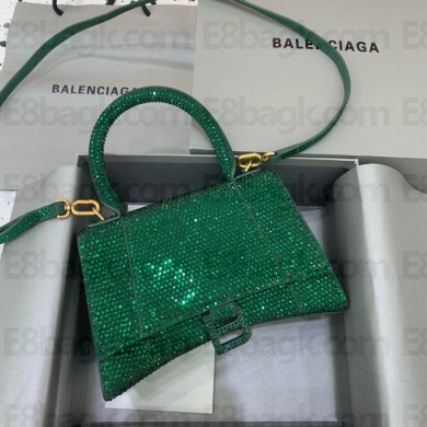BALENCIAGA Hourglass Small Handbag in green suede calfskin with rhinestones 2022