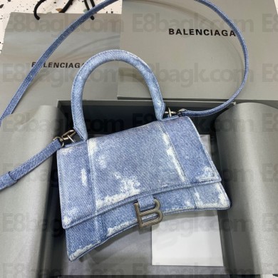 Balenciaga Hourglass Small Top Handle Bag in Blue Washed Denim 2022