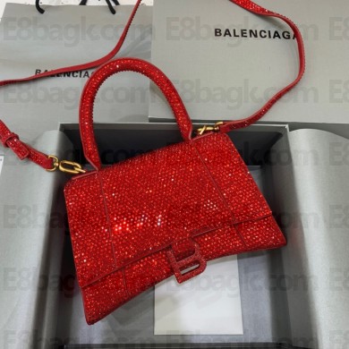 BALENCIAGA Hourglass Small Handbag in red suede calfskin with rhinestones 2022