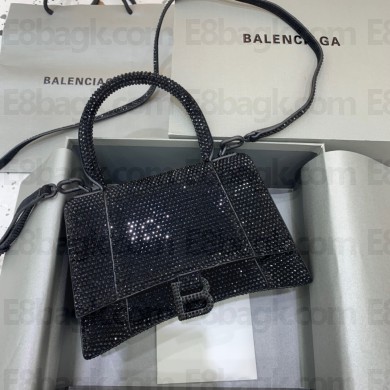 BALENCIAGA Hourglass Small Handbag in black suede calfskin with rhinestones 2022