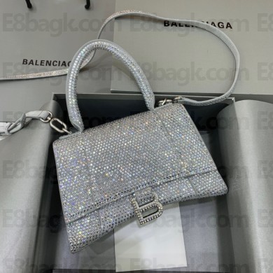BALENCIAGA Hourglass Small Handbag in silver suede calfskin with rhinestones 2022