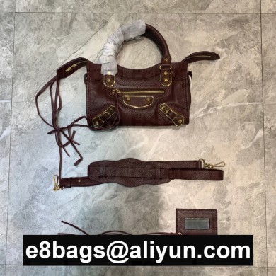 BALENCIAGA GOATSKIN CLASSIC METALLIC EDGE MINI CITY BAG BURGUNDY