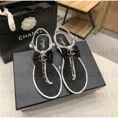 Chanel Lambskin Chain Quilting Thong Sandals with Bow G36352 Black/White 2021