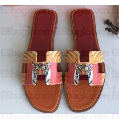 Hermes Print Oran Flat Slipper Sandals Orange