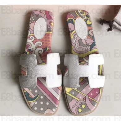 Hermes Print Oran Flat Slipper Sandals White