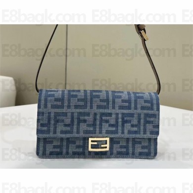 Fendi Wallet On Chain Baguette Bag in Light blue FF denim fabric 2024