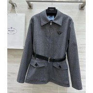 PRADA belted check-print jacket grey 2025 