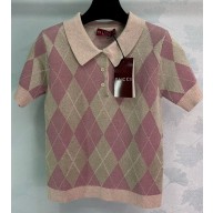 GUCCI Viscose lamé and wool polo top 815720 Pink and dusty pink extra fine viscose lamé and wool argyle jacquard  2025