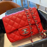 Chanel Calfskin Silver Chain Classic Flap Bag in Red  A011151 2021