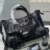 Balenciaga Crocodile pattern cowhide MotorcycleBag in Black Bb023