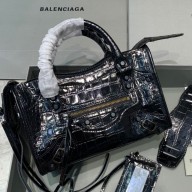  Balenciaga Crocodile pattern cowhide MotorcycleBag in Black Bb024